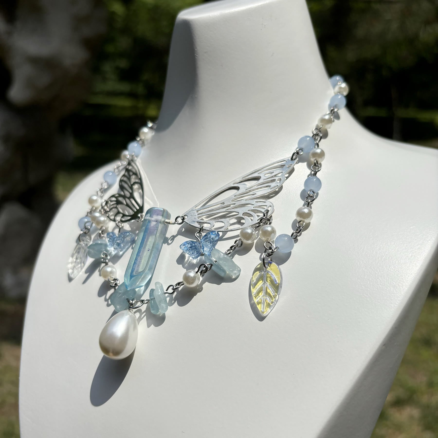 Olivenorma Aquamarine Fairy Wings Layered Choker Necklace