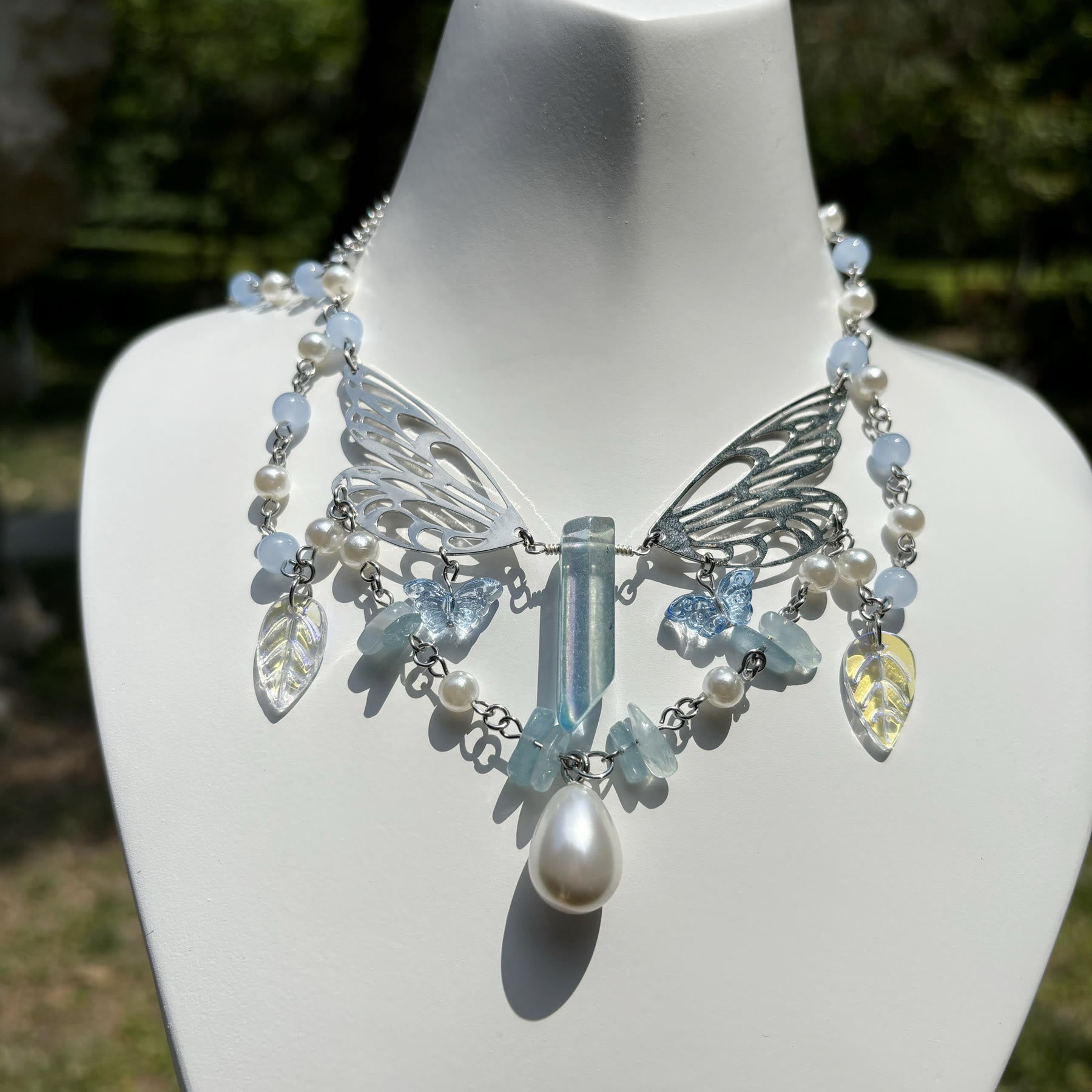 Olivenorma Aquamarine Fairy Wings Layered Choker Necklace