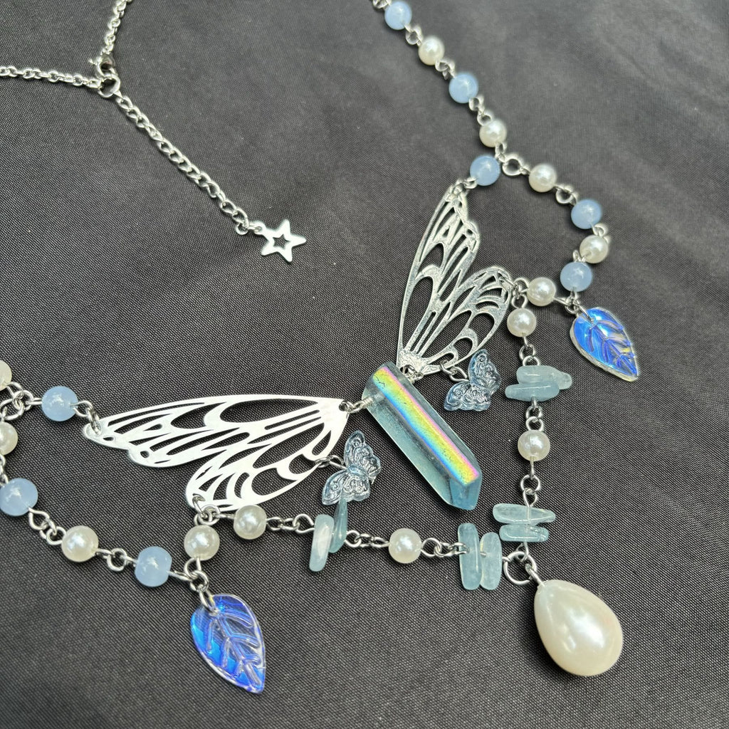 Olivenorma Aquamarine Fairy Wings Layered Choker Necklace