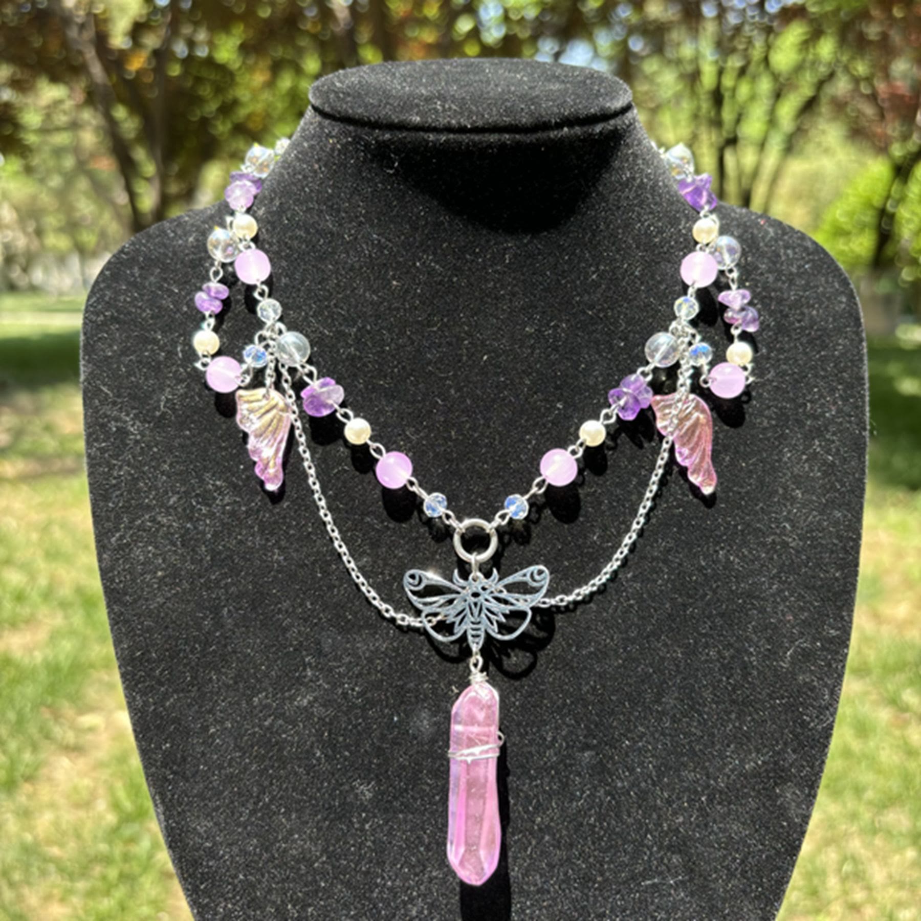 Olivenorma Amethyst Pink Crystal Butterfly Layered Choker Necklace