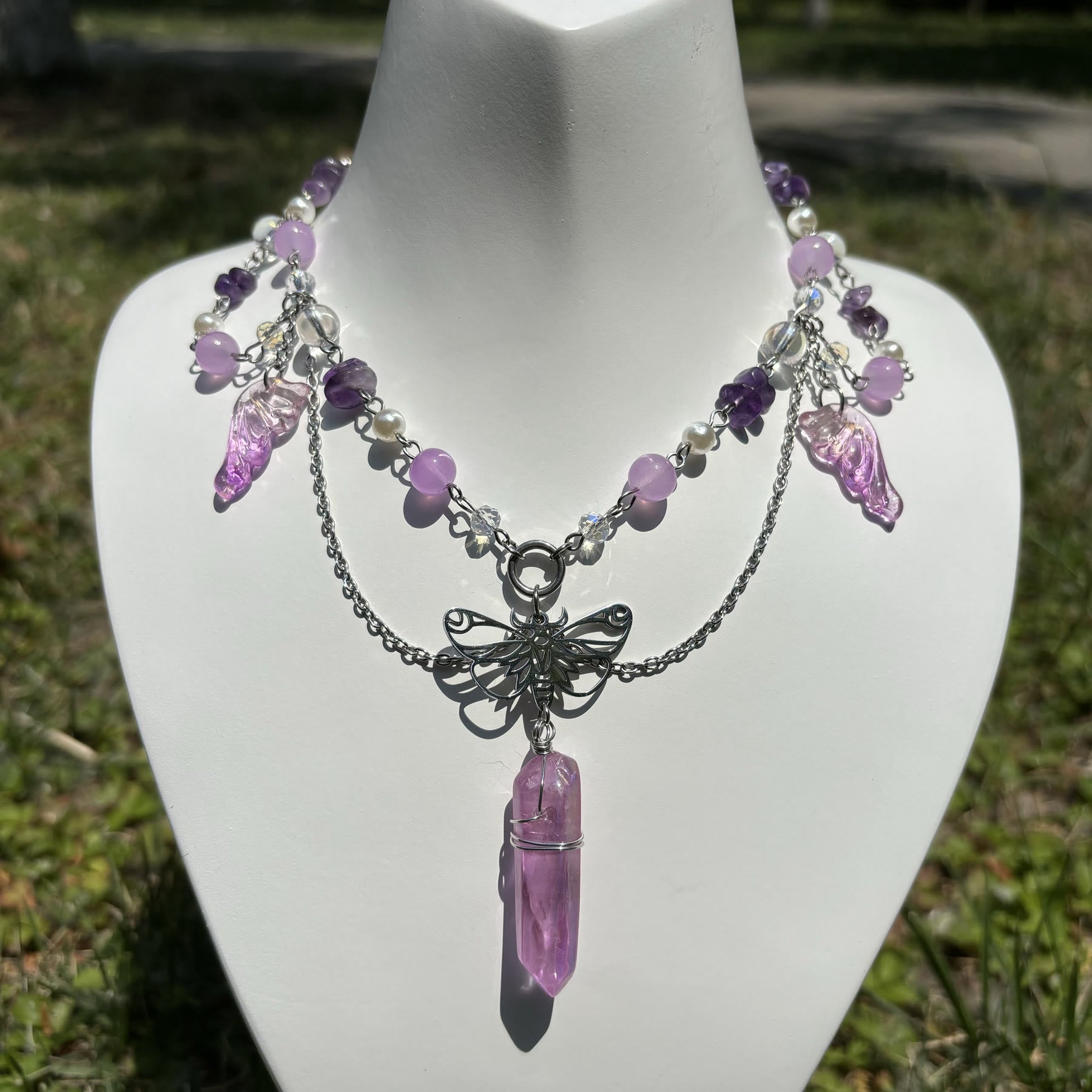 Olivenorma Amethyst Pink Crystal Butterfly Layered Choker Necklace