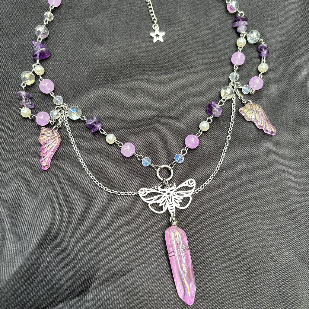 Olivenorma Amethyst Pink Crystal Butterfly Layered Choker Necklace