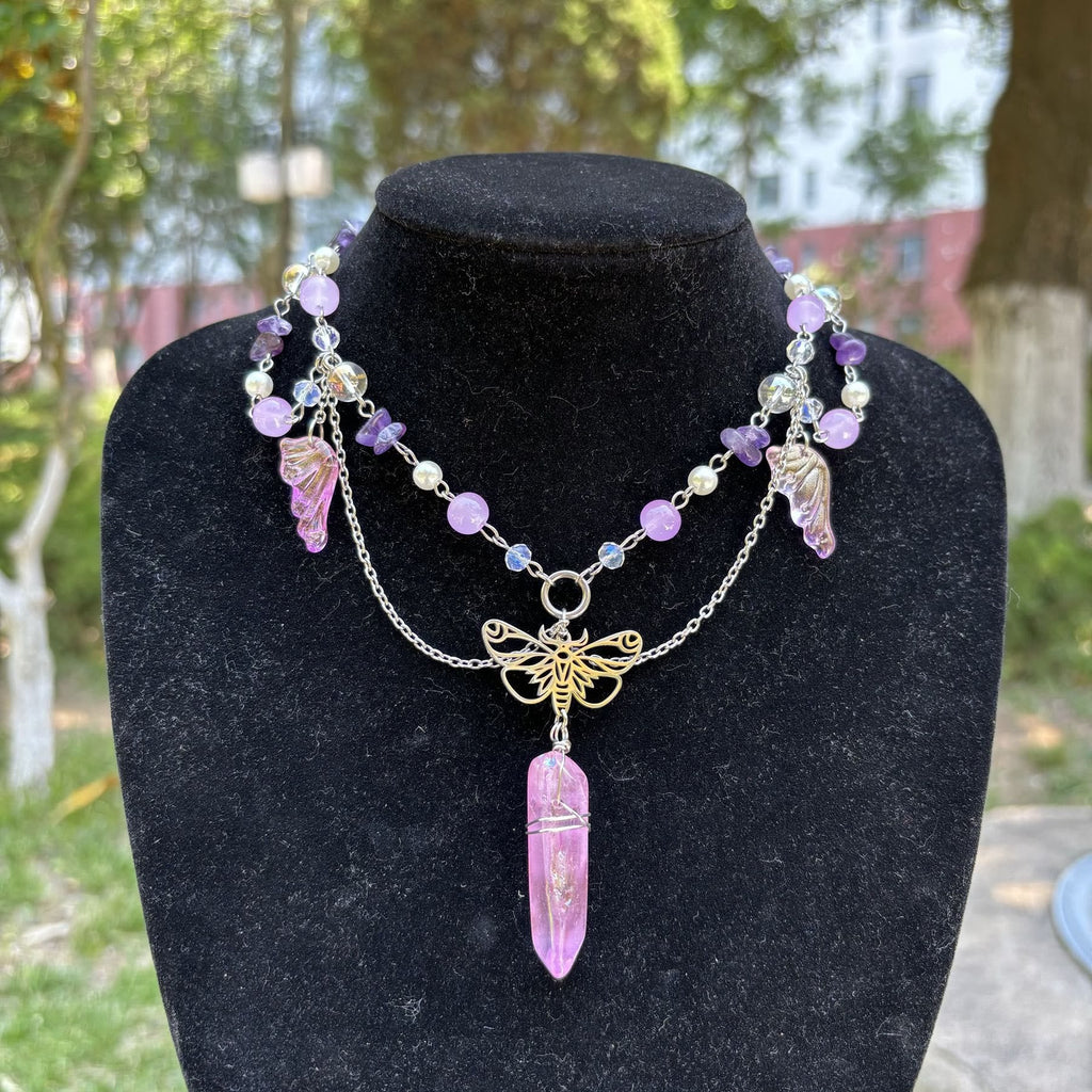 Olivenorma Amethyst Pink Crystal Butterfly Layered Choker Necklace