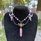 Olivenorma Amethyst Pink Crystal Butterfly Layered Choker Necklace