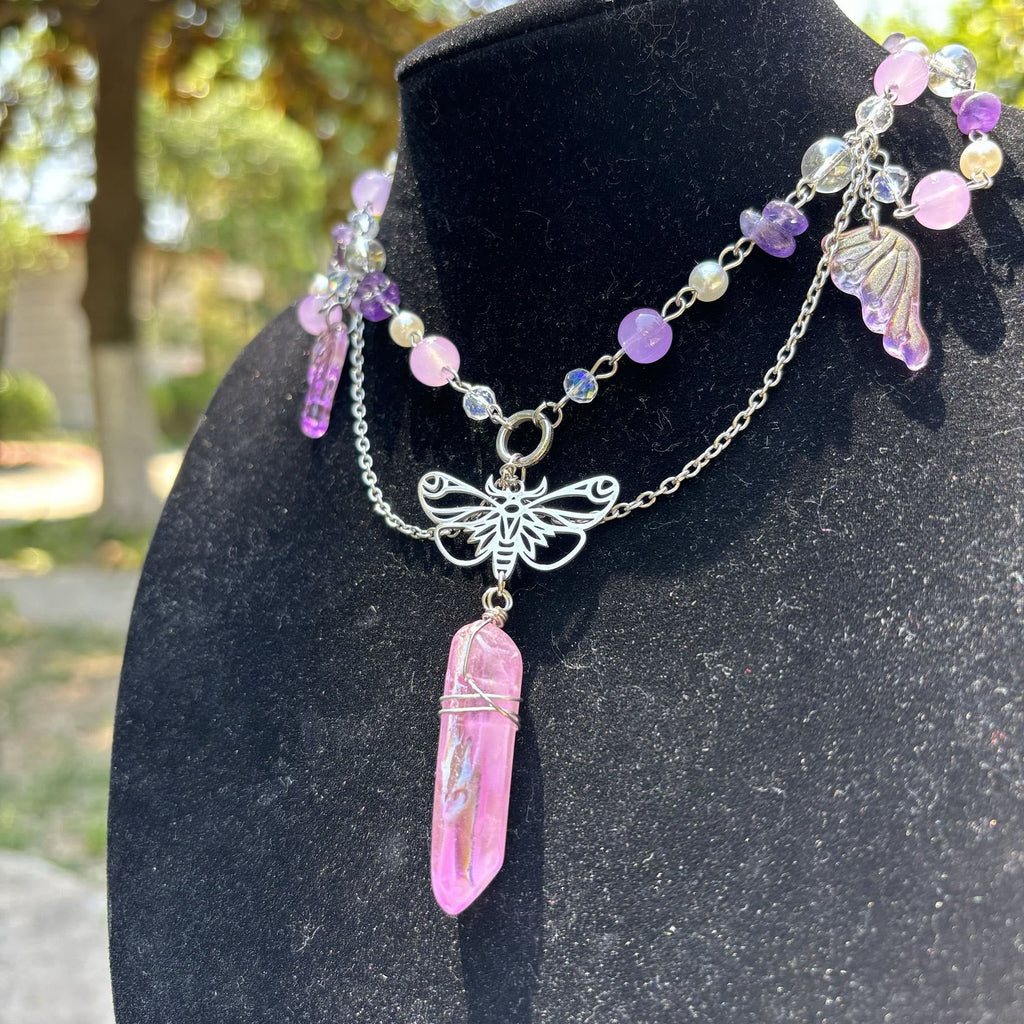 Olivenorma Amethyst Pink Crystal Butterfly Layered Choker Necklace