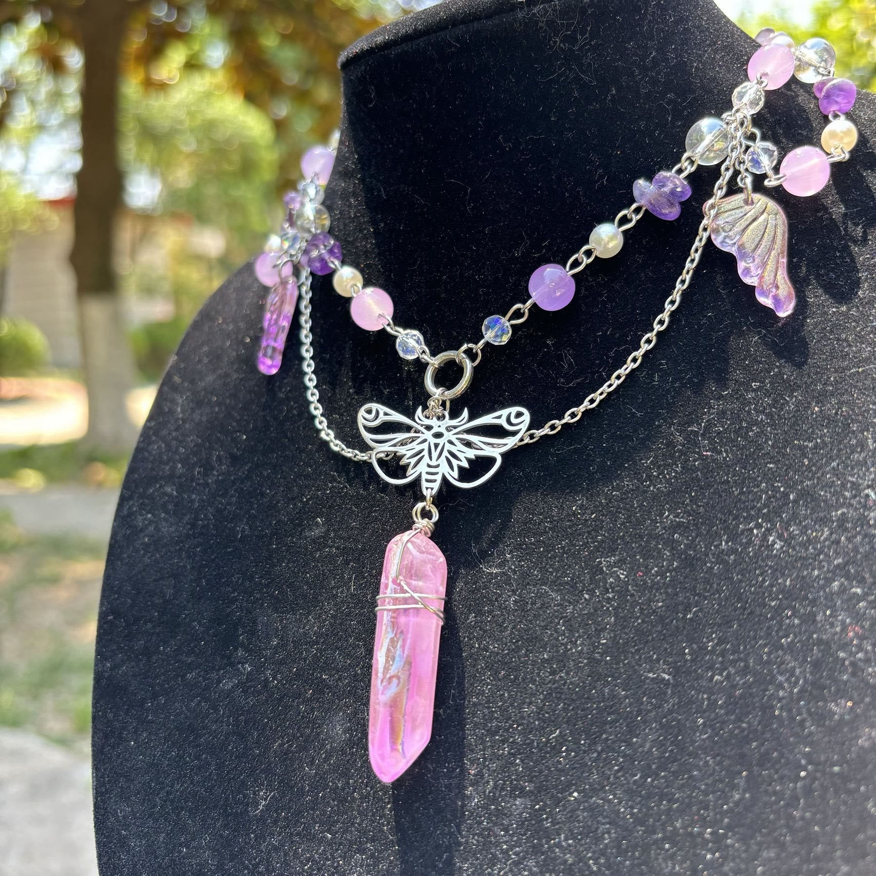 Olivenorma Amethyst Pink Crystal Butterfly Layered Choker Necklace
