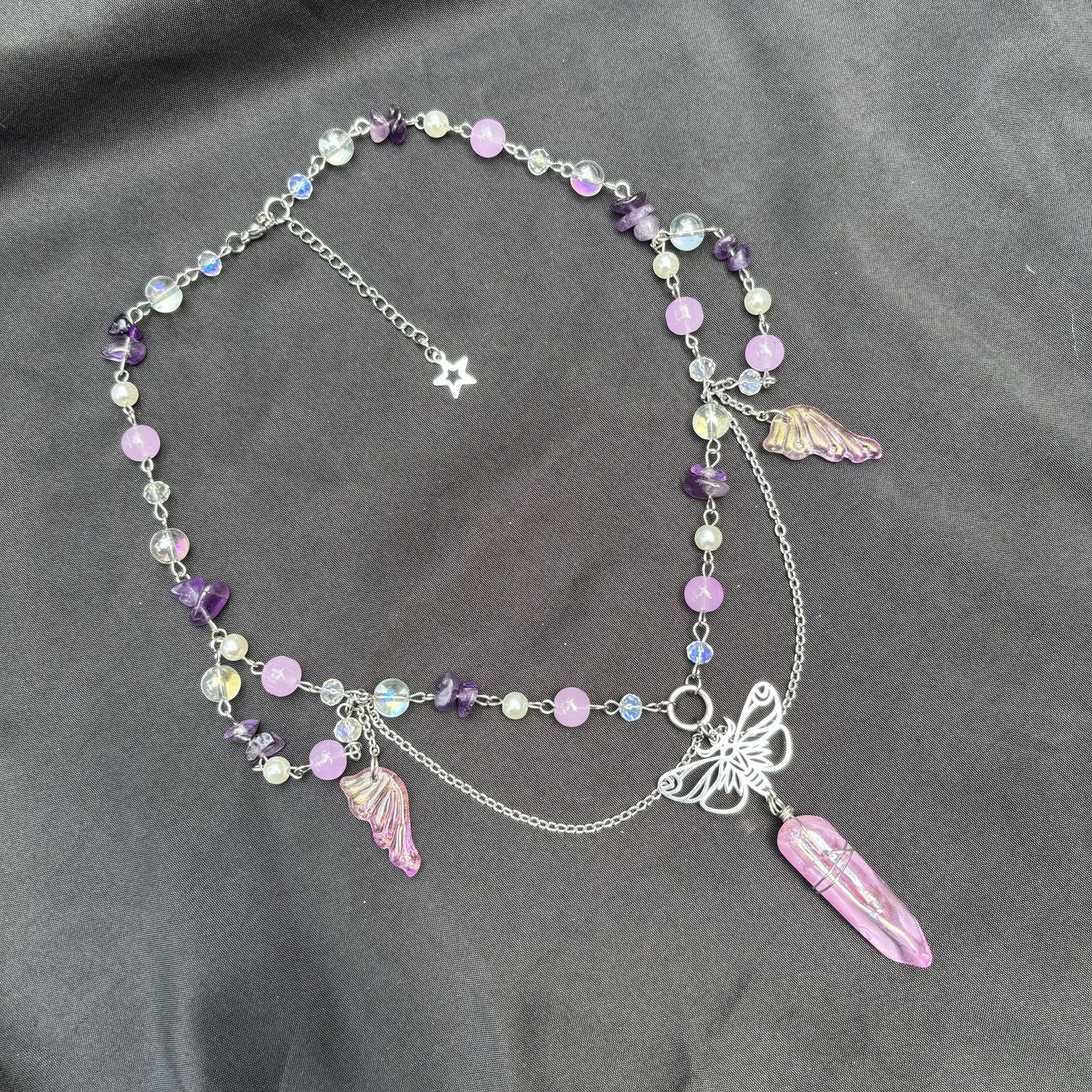 Olivenorma Amethyst Pink Crystal Butterfly Layered Choker Necklace