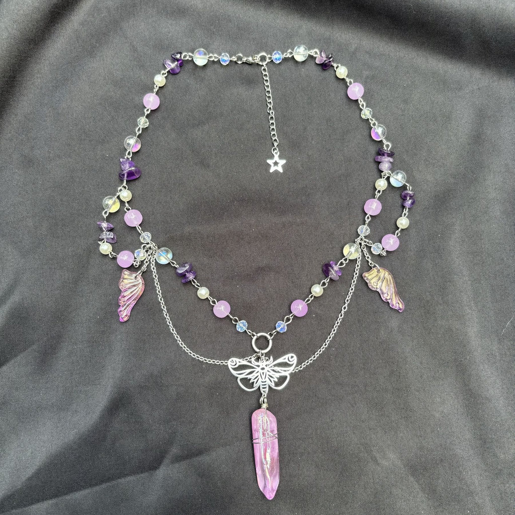 Olivenorma Amethyst Pink Crystal Butterfly Layered Choker Necklace