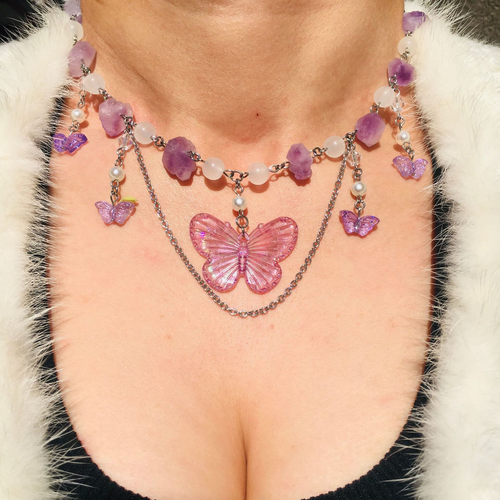 Olivenorma Amethyst Clear Crystal Butterfly Layered Choker Necklace