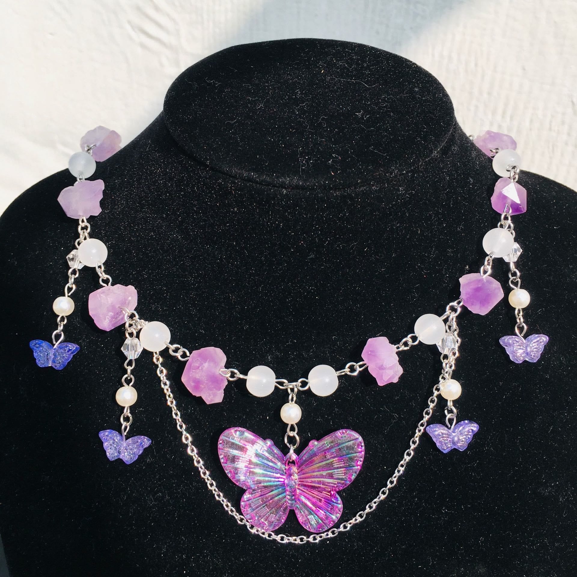 Olivenorma Amethyst Clear Crystal Butterfly Layered Choker Necklace