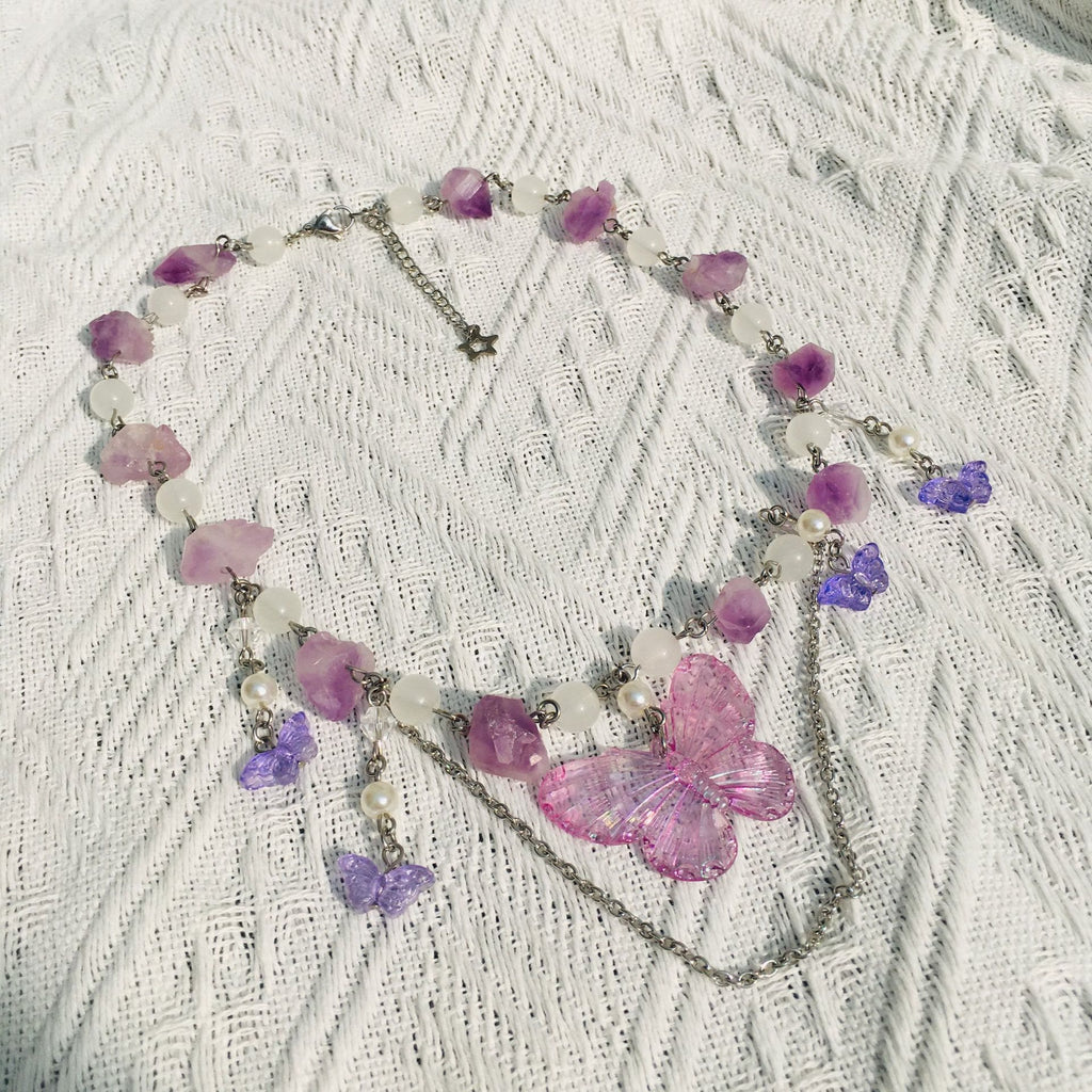 Olivenorma Amethyst Clear Crystal Butterfly Layered Choker Necklace