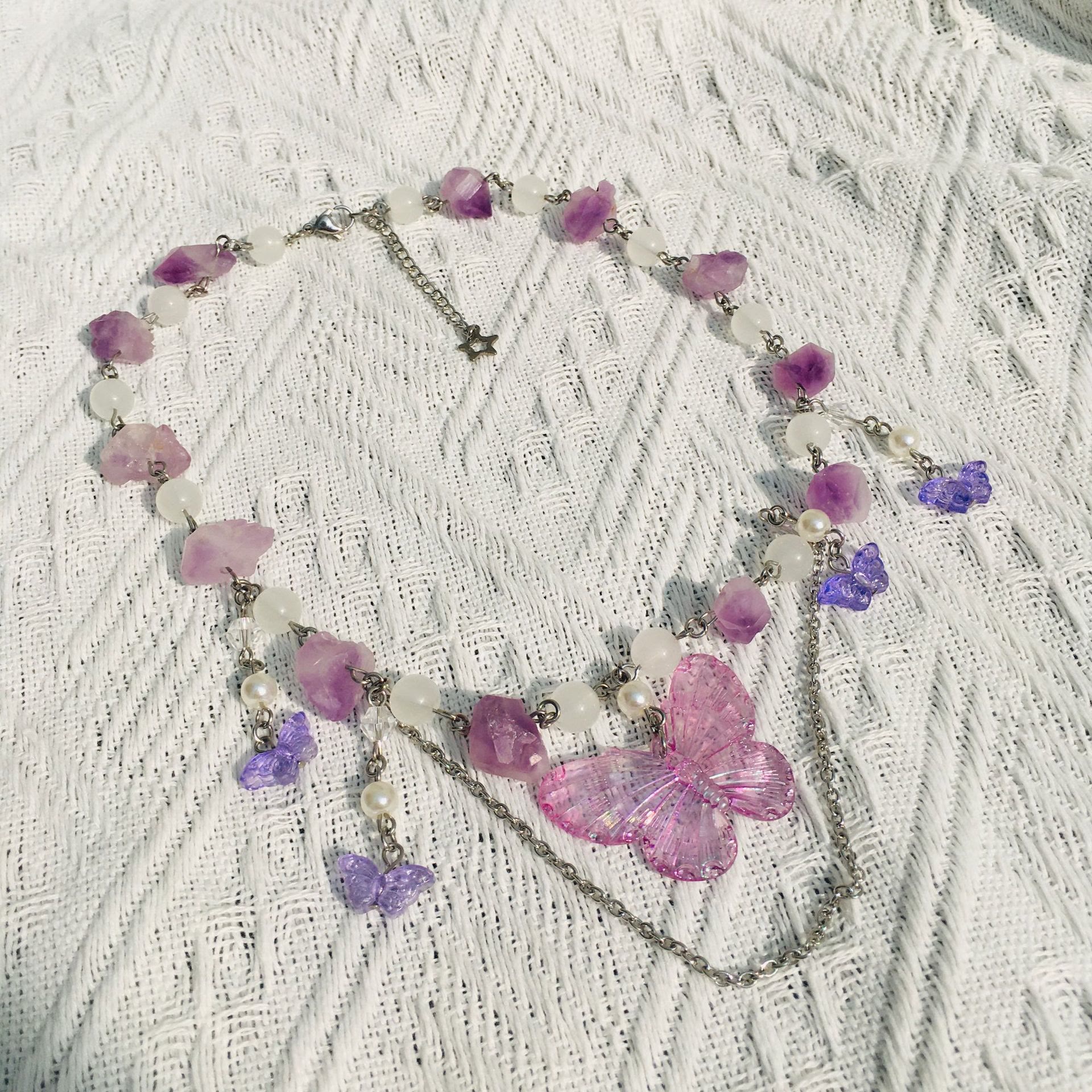 Olivenorma Amethyst Clear Crystal Butterfly Layered Choker Necklace