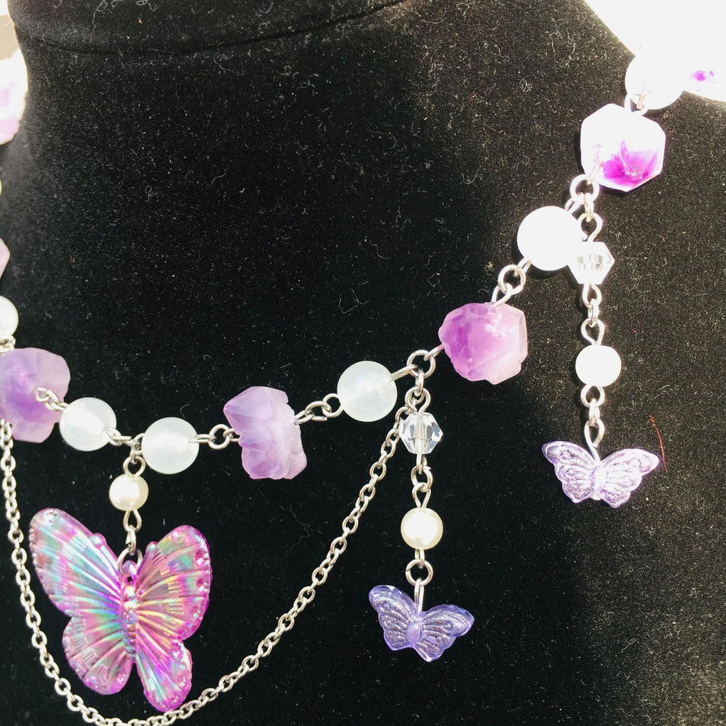Olivenorma Amethyst Clear Crystal Butterfly Layered Choker Necklace