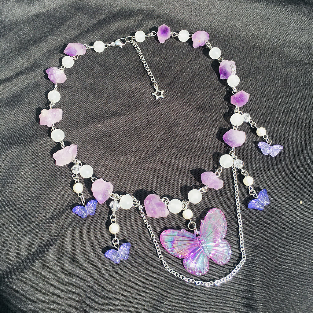 Olivenorma Amethyst Clear Crystal Butterfly Layered Choker Necklace