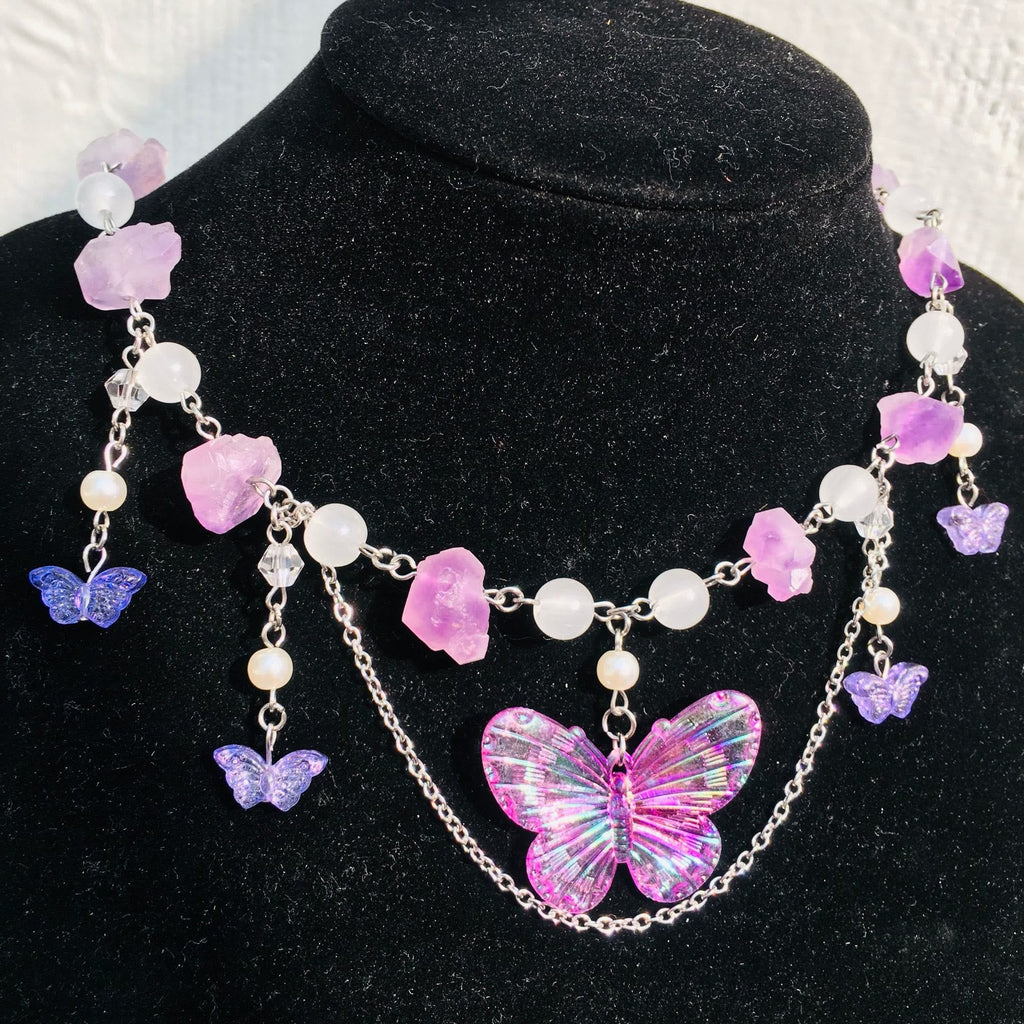 Olivenorma Amethyst Clear Crystal Butterfly Layered Choker Necklace