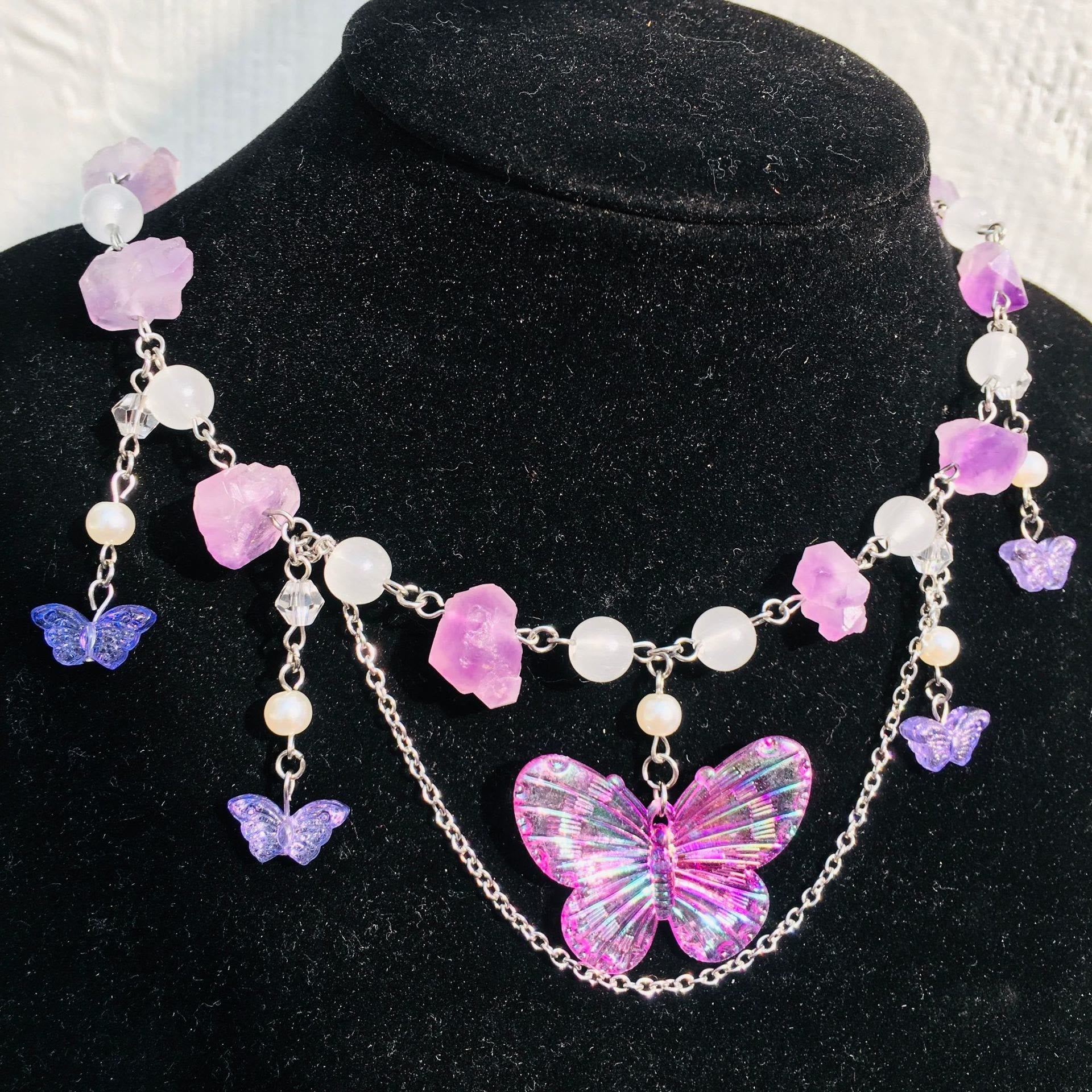 Olivenorma Amethyst Clear Crystal Butterfly Layered Choker Necklace