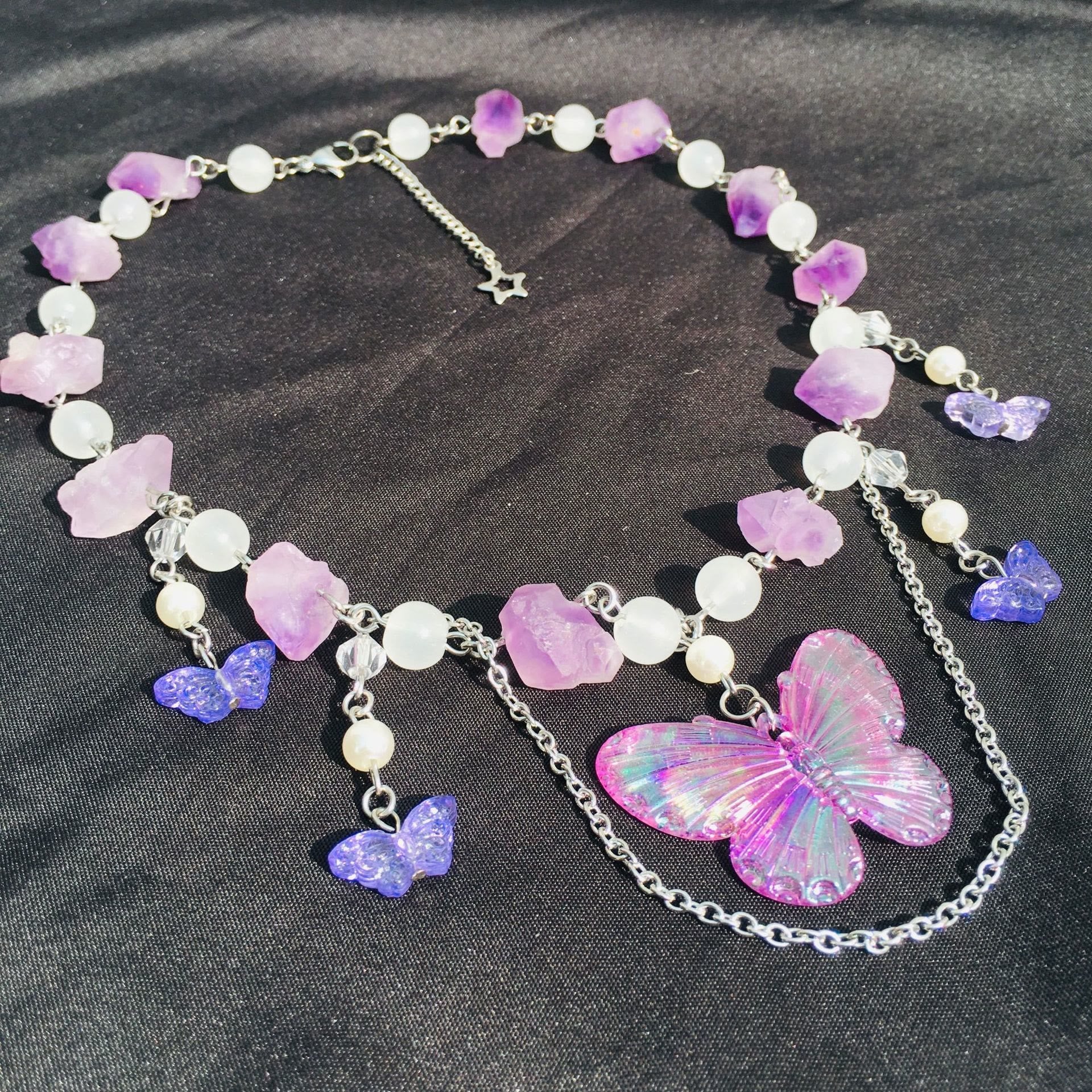 Olivenorma Amethyst Clear Crystal Butterfly Layered Choker Necklace