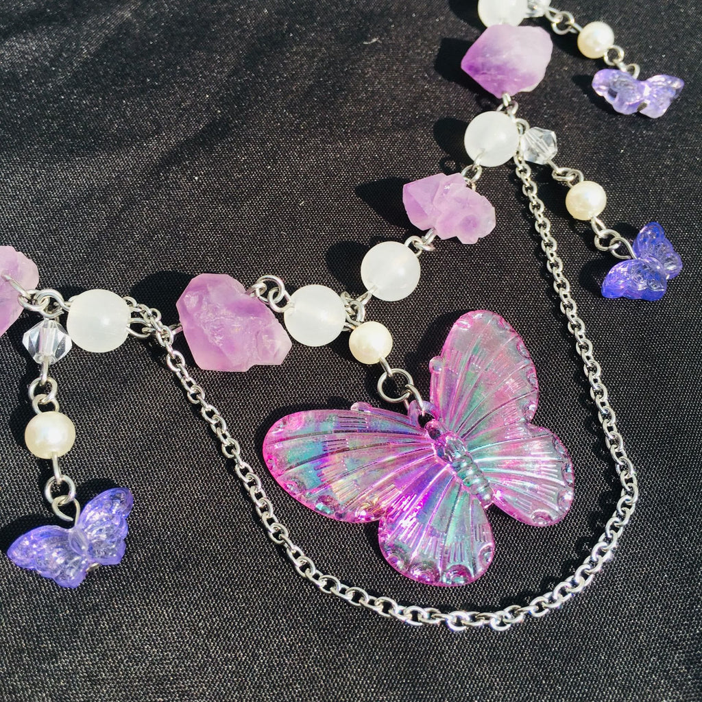 Olivenorma Amethyst Clear Crystal Butterfly Layered Choker Necklace