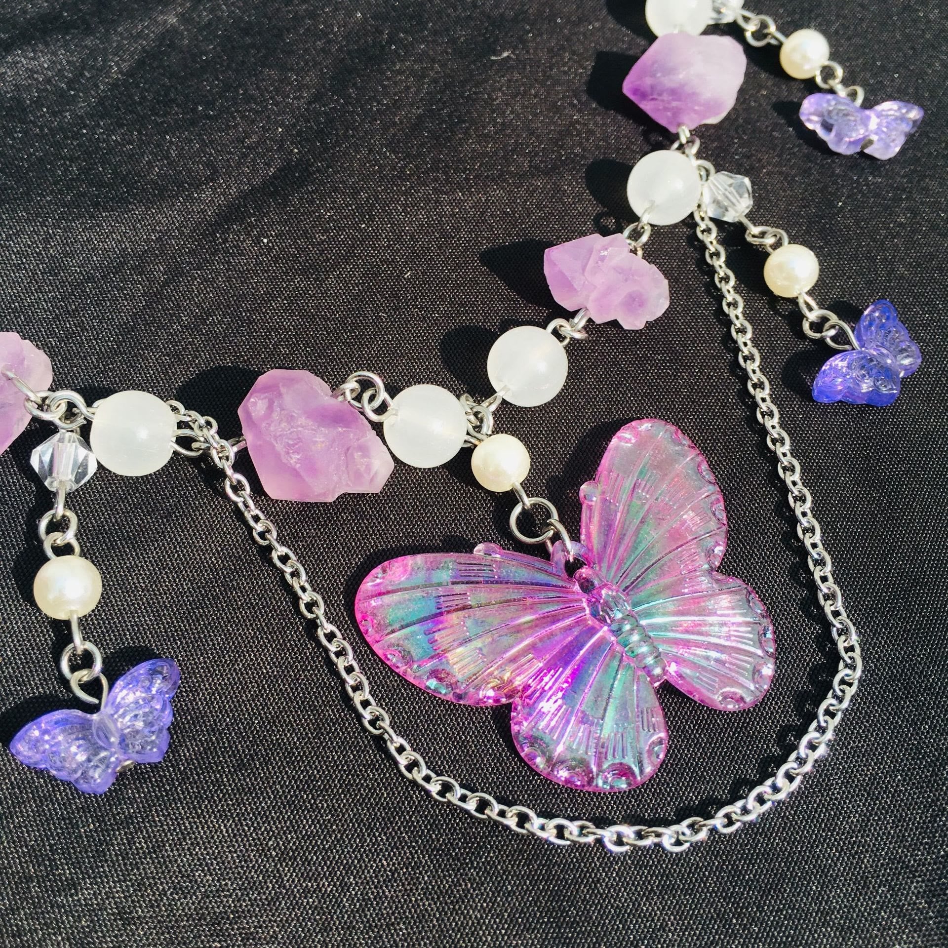 Olivenorma Amethyst Clear Crystal Butterfly Layered Choker Necklace
