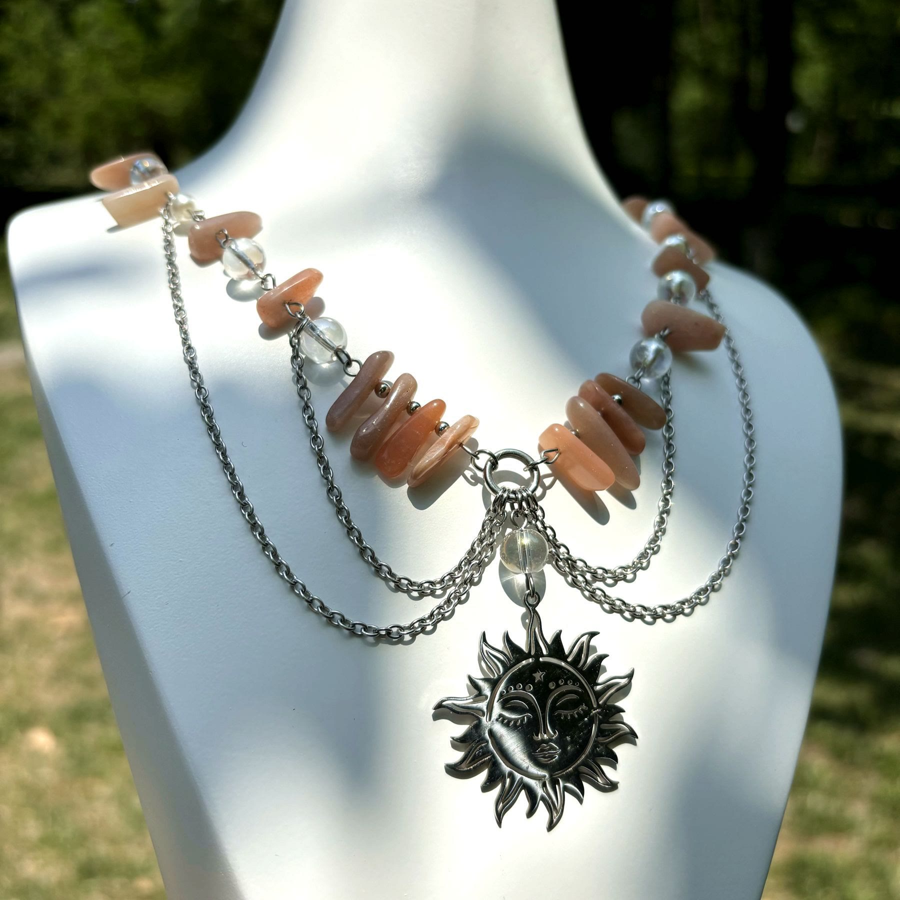 Olivenorma Natural Sun Stone Pendant Layered Choker Necklace