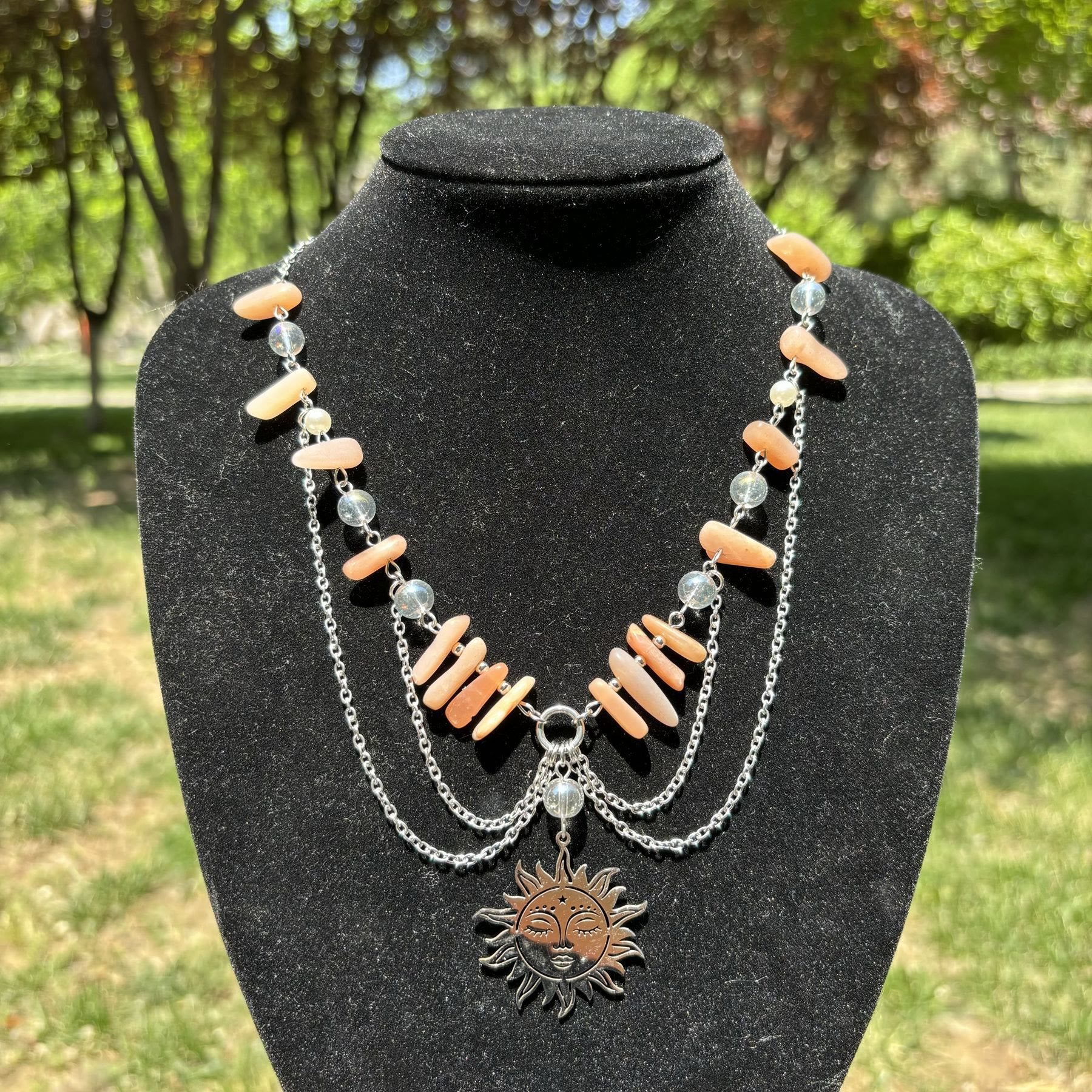 Olivenorma Natural Sun Stone Pendant Layered Choker Necklace