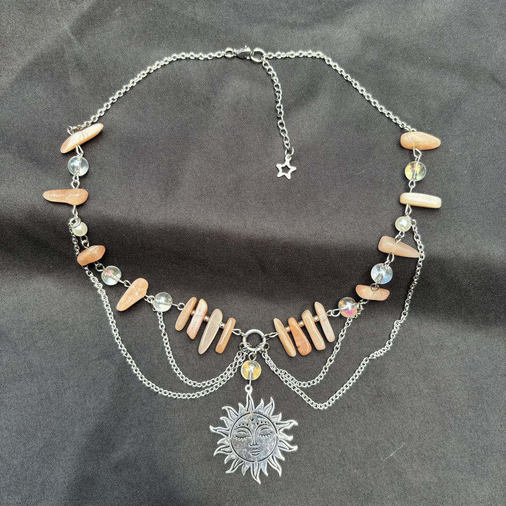 Olivenorma Natural Sun Stone Pendant Layered Choker Necklace