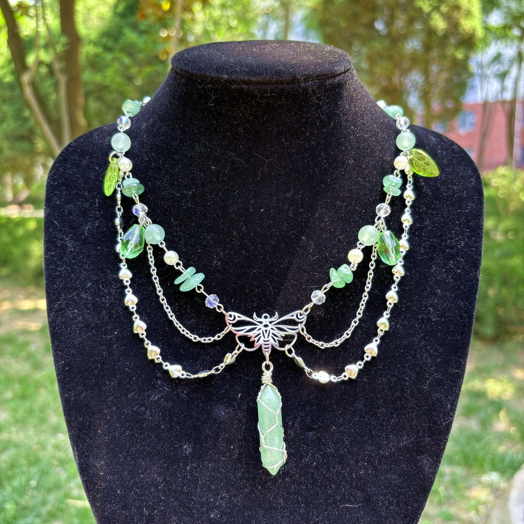 Olivenorma Green Aventurine Butterfly Pendant Layered Choker Necklace