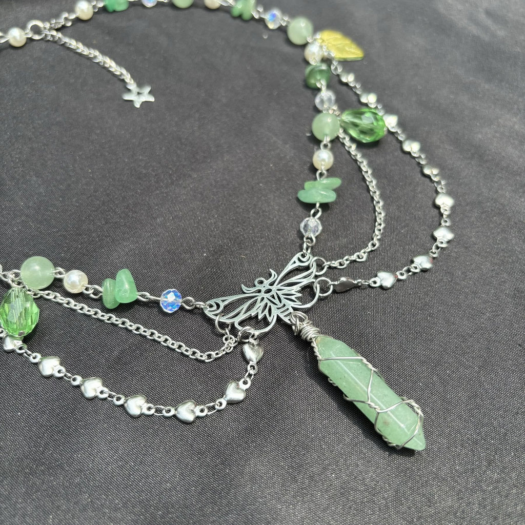 Olivenorma Green Aventurine Butterfly Pendant Layered Choker Necklace