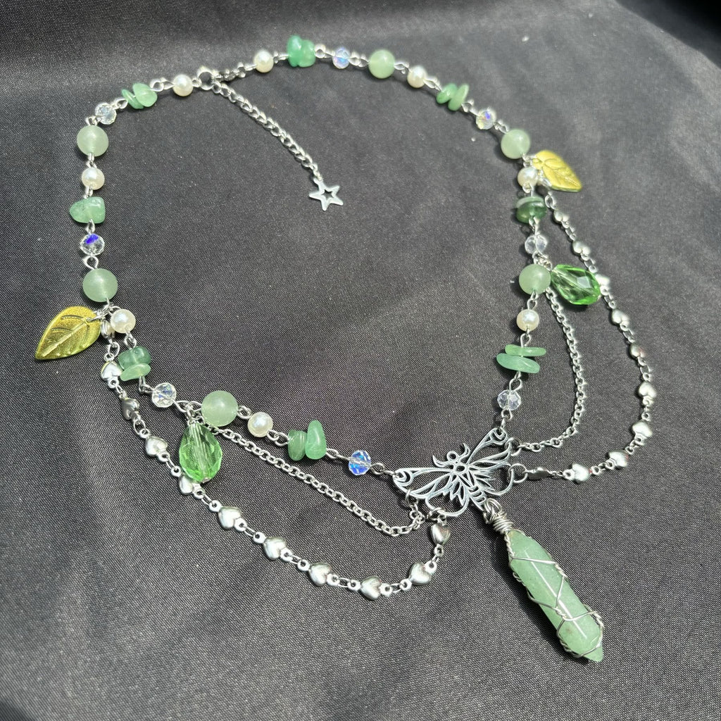 Olivenorma Green Aventurine Butterfly Pendant Layered Choker Necklace