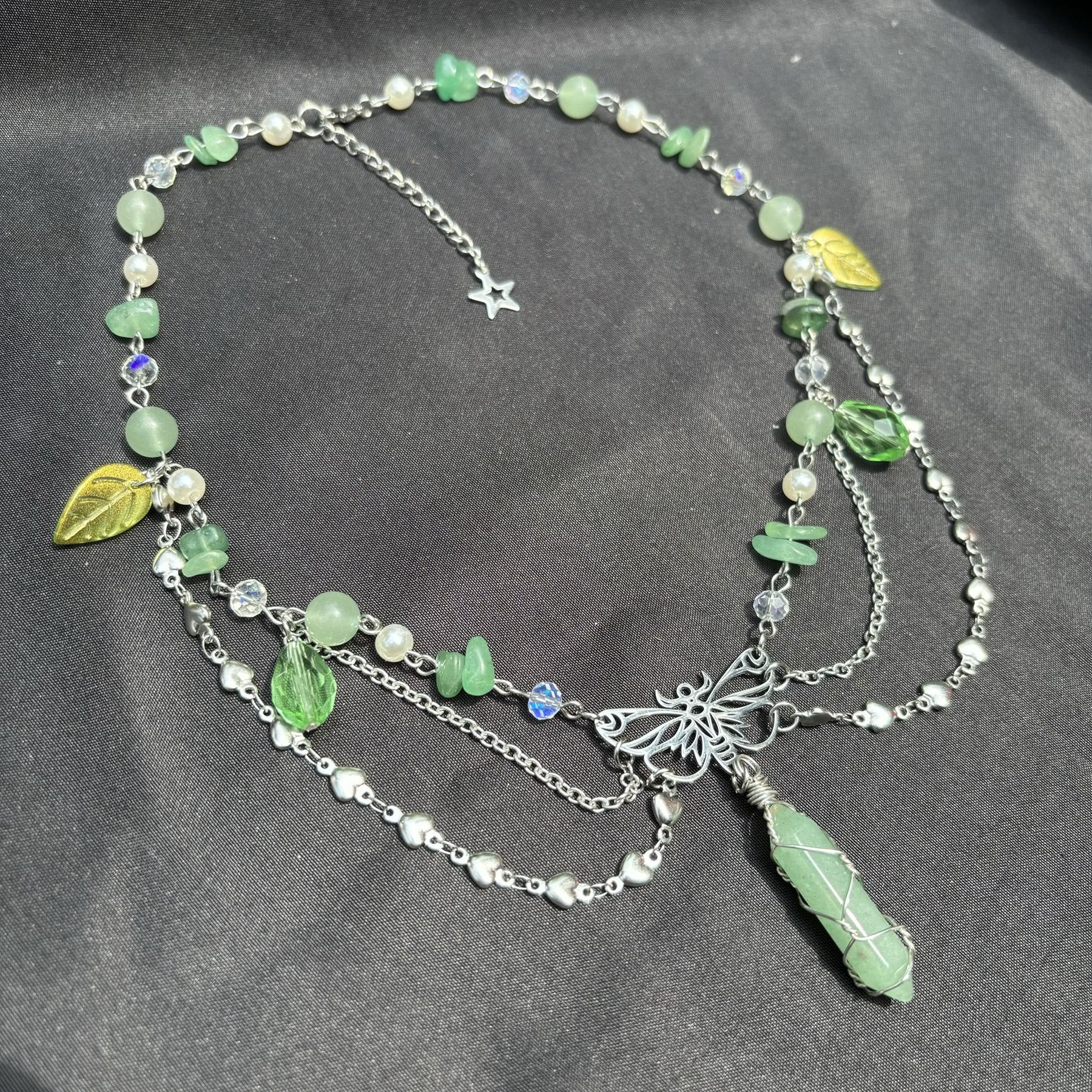 Olivenorma Green Aventurine Butterfly Pendant Layered Choker Necklace