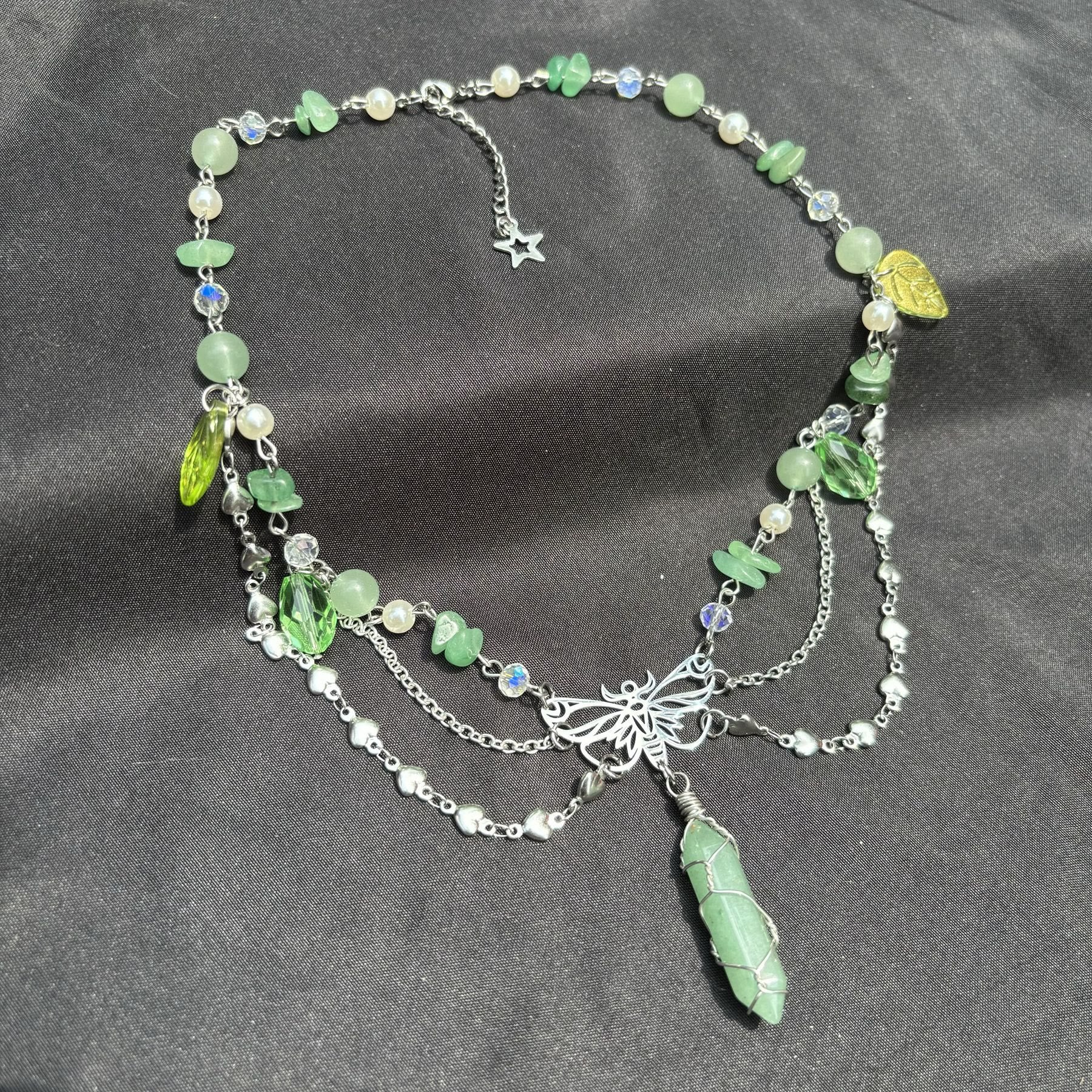 Olivenorma Green Aventurine Butterfly Pendant Layered Choker Necklace