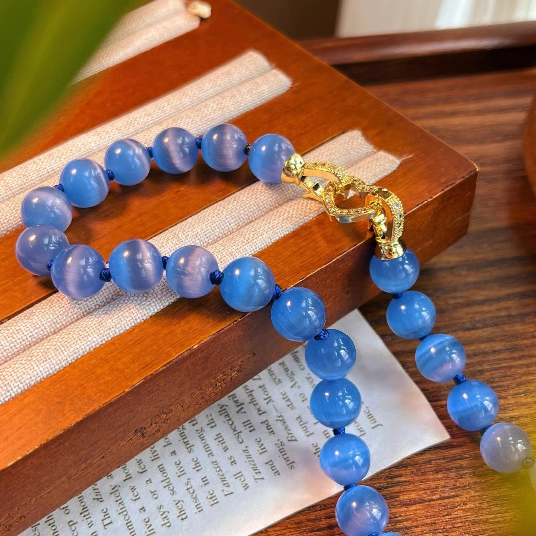 Olivenorma Blue Cat's Eye Stone Beaded Necklace