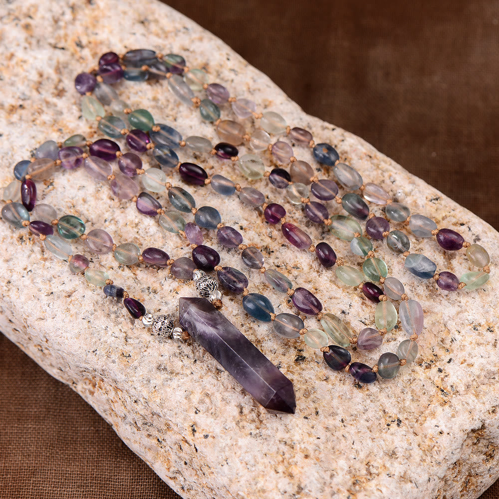 Olivenorma Fluorite Beaded Amethyst Hexagonal Pendant Necklace