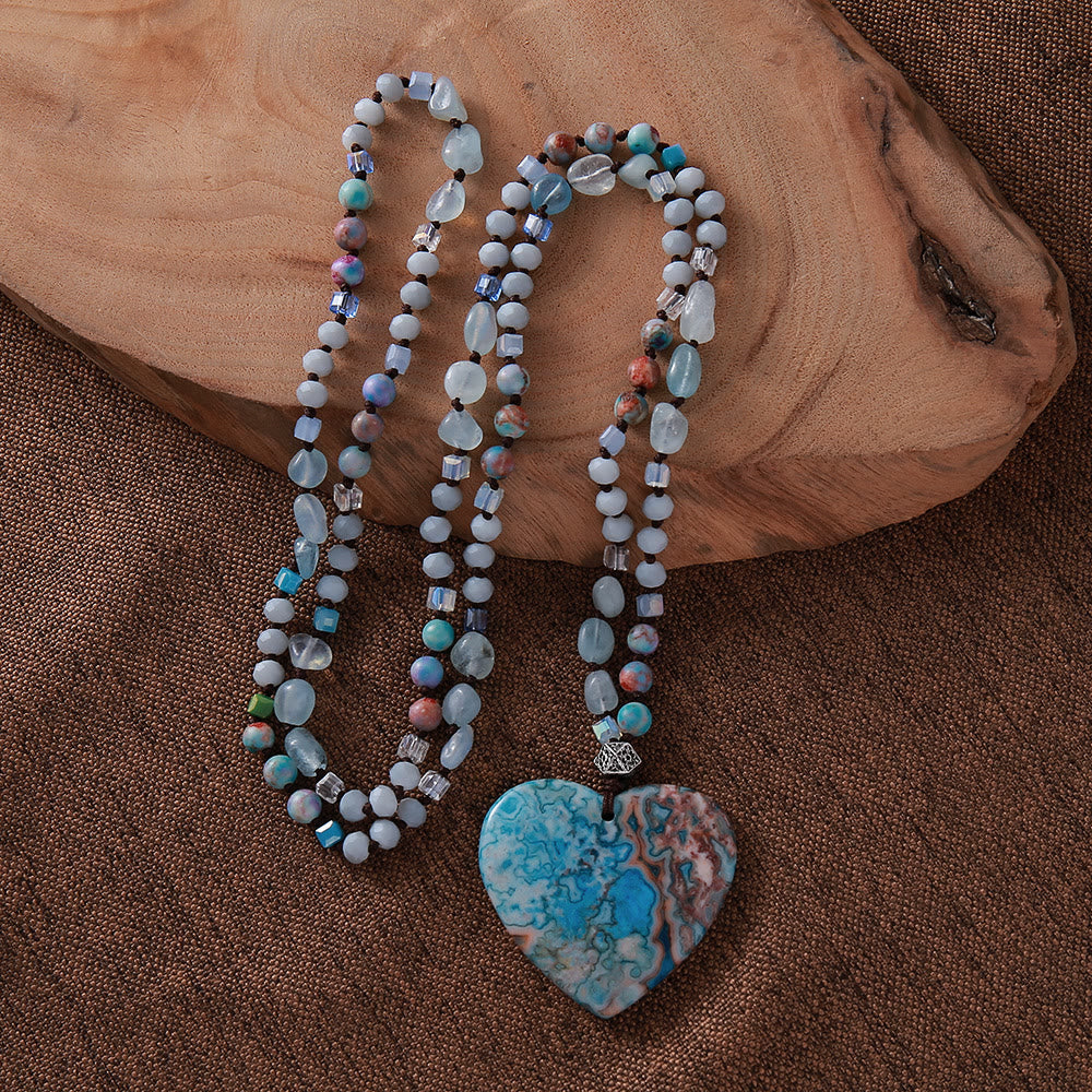 Olivenorma Heart Blue Ocean Stone Pendant Aquamarine Beads Necklace