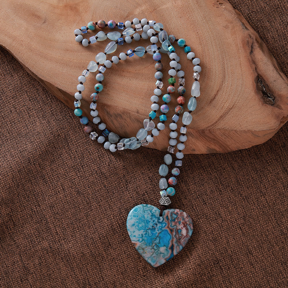 Olivenorma Heart Blue Ocean Stone Pendant Aquamarine Beads Necklace