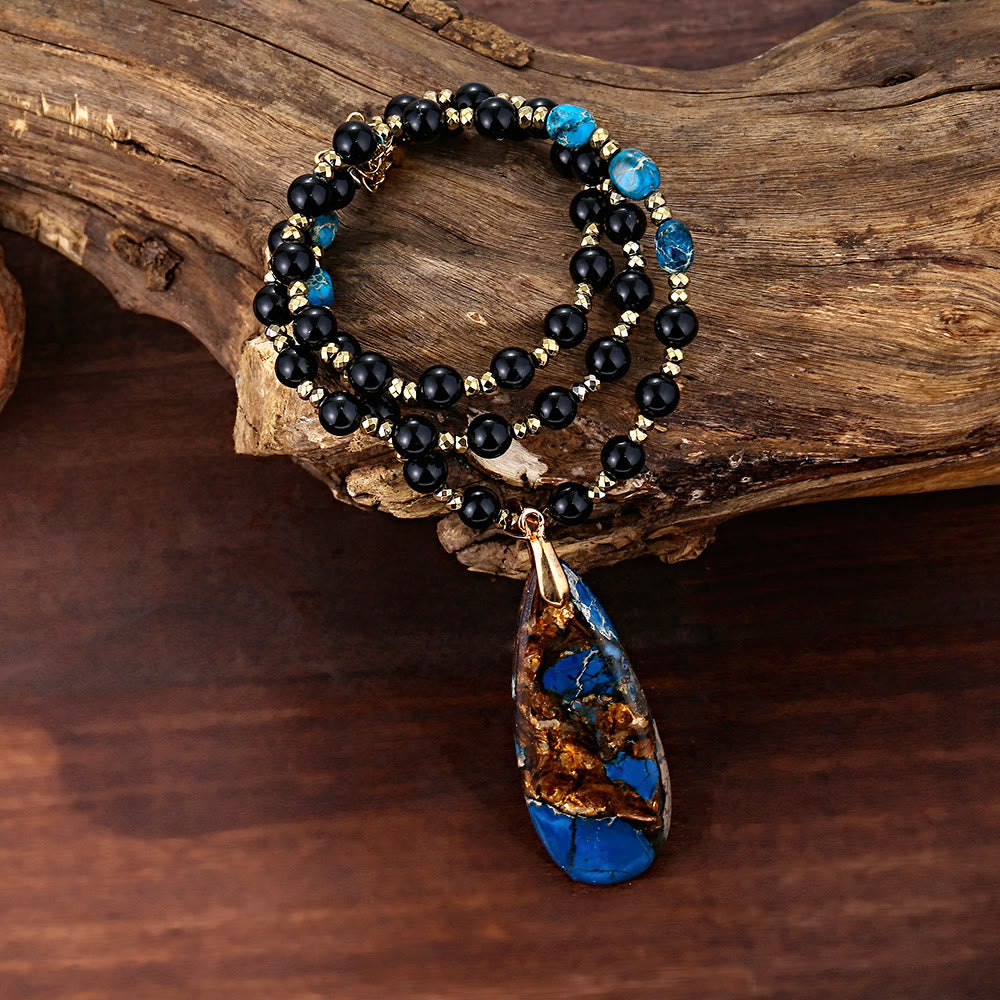 Olivenorma Obsidian Beaded Blue Emperor Stone Pendant Necklace