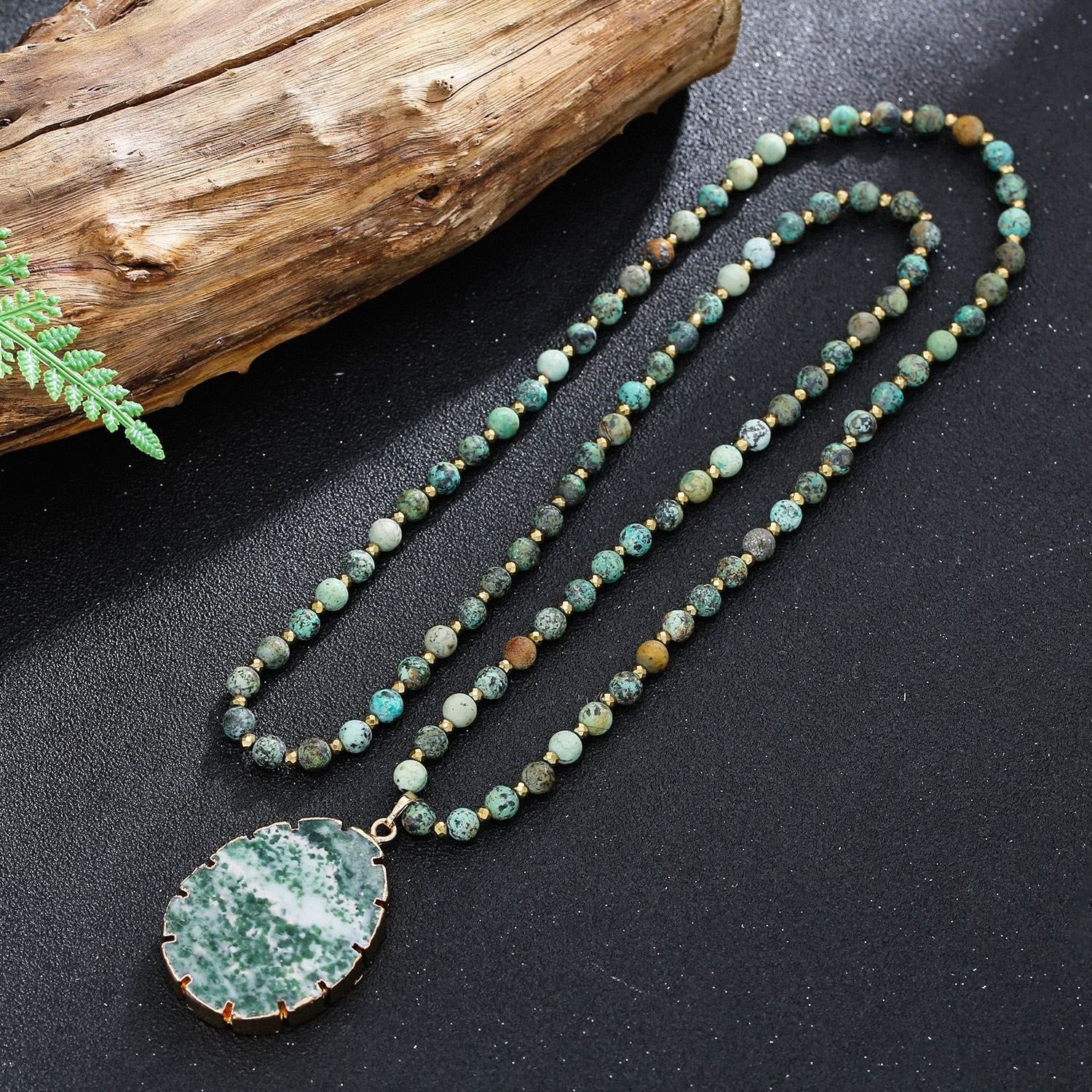 Olivenorma African Turquoise Beaded Moss Agate Pendant Necklace