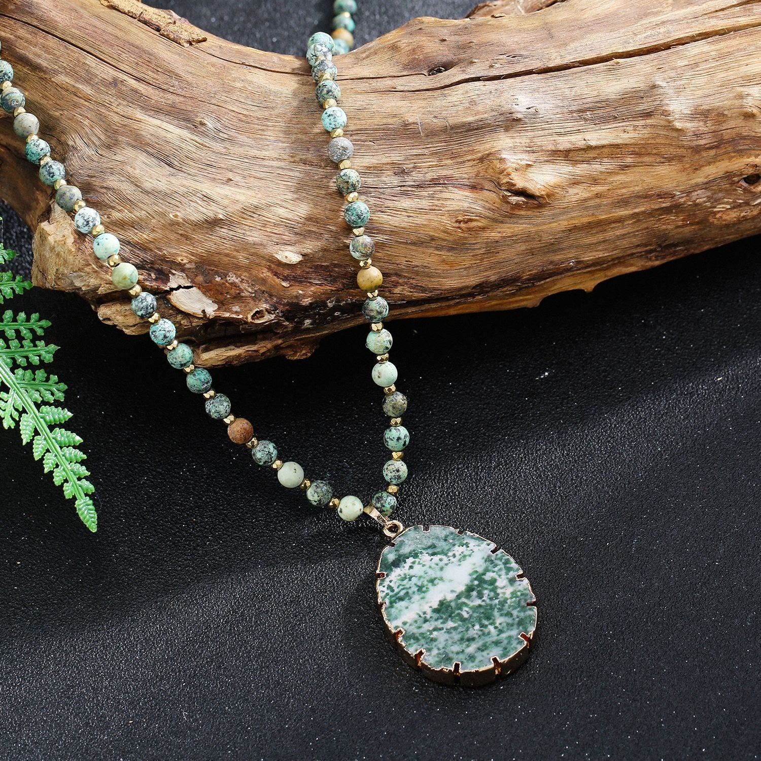 Olivenorma African Turquoise Beaded Moss Agate Pendant Necklace