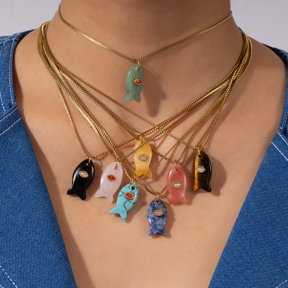 Olivenorma Natural Stone Cut Fish Shape Pendant Necklace