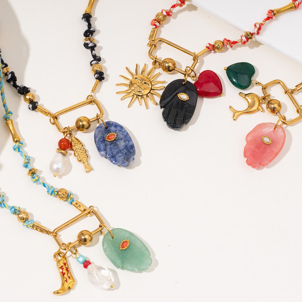 Olivenorma Natural Stone Hamsa Pendant Colored Rope Necklace