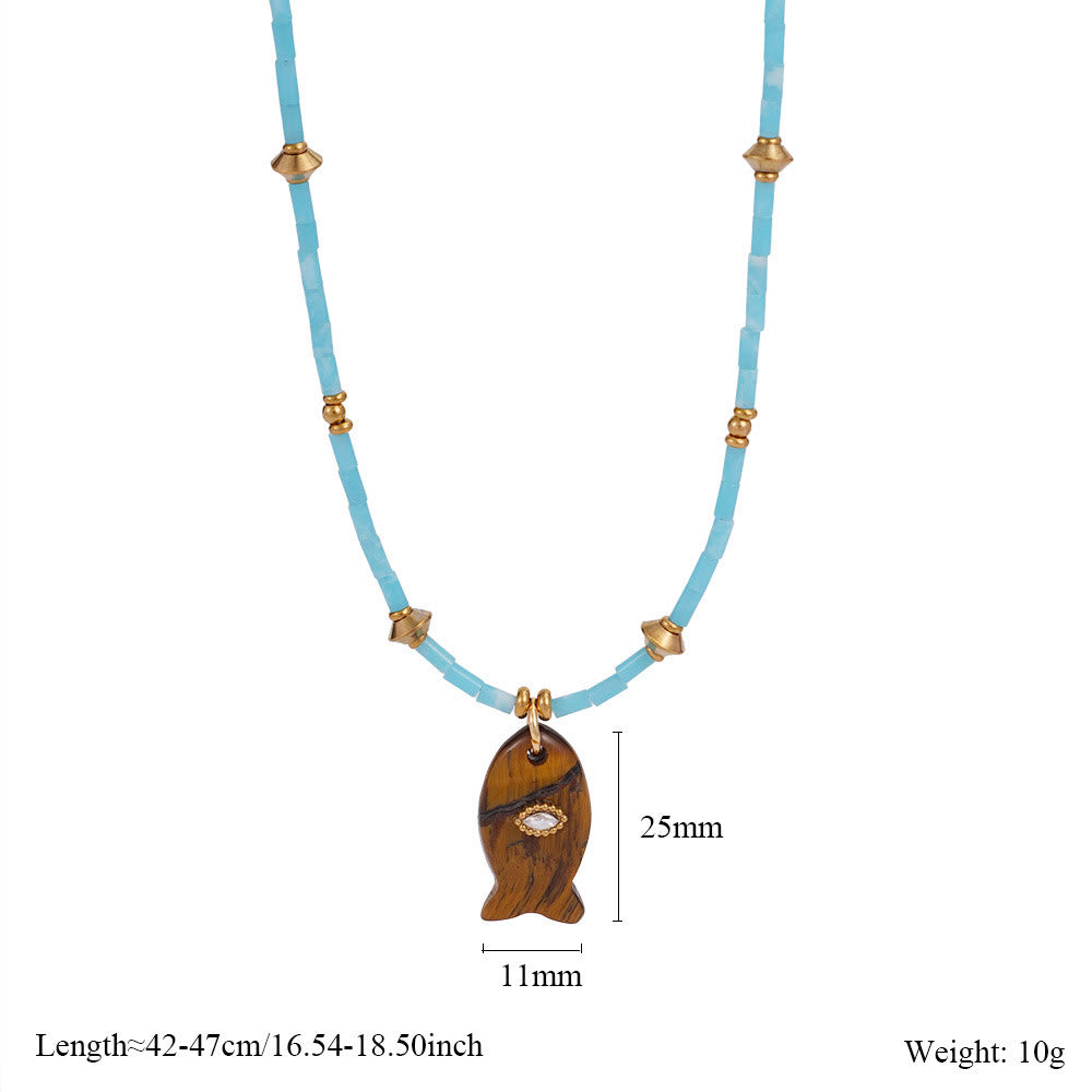Olivenorma Natural Stone Beads Fish Carving Pendant Necklace