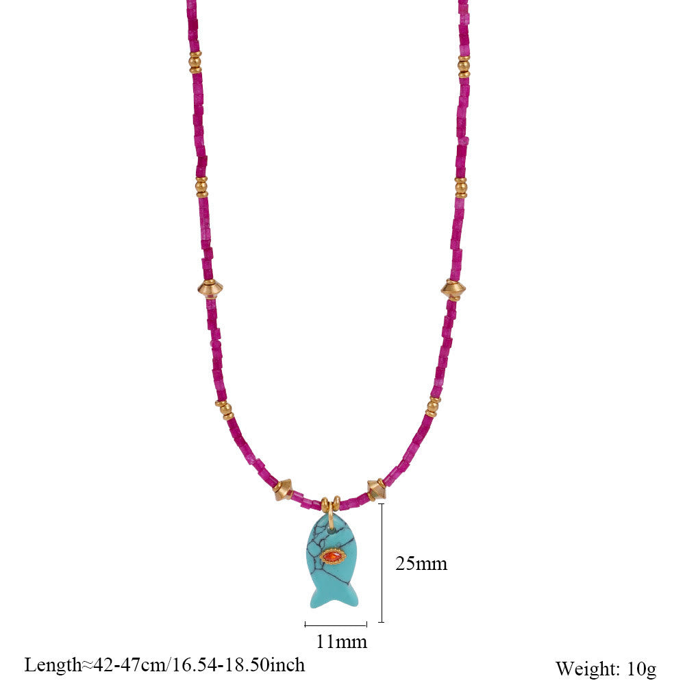 Olivenorma Natural Stone Beads Fish Carving Pendant Necklace