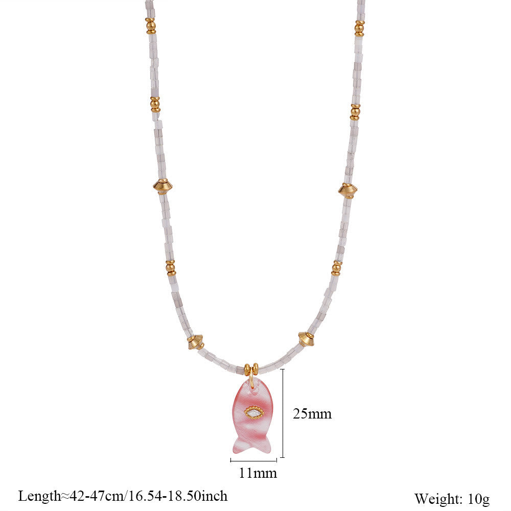 Olivenorma Natural Stone Beads Fish Carving Pendant Necklace