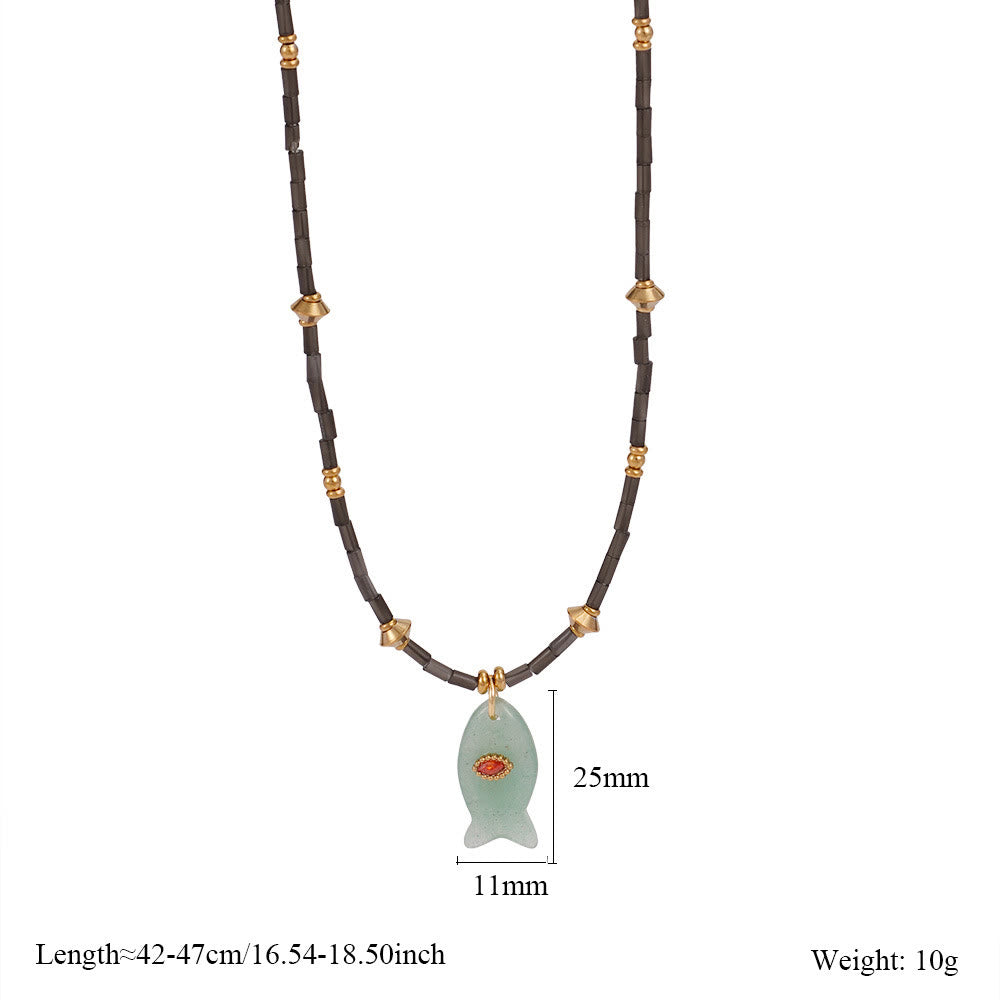 Olivenorma Natural Stone Beads Fish Carving Pendant Necklace