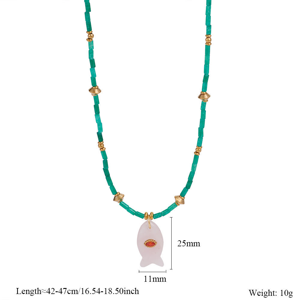 Olivenorma Natural Stone Beads Fish Carving Pendant Necklace