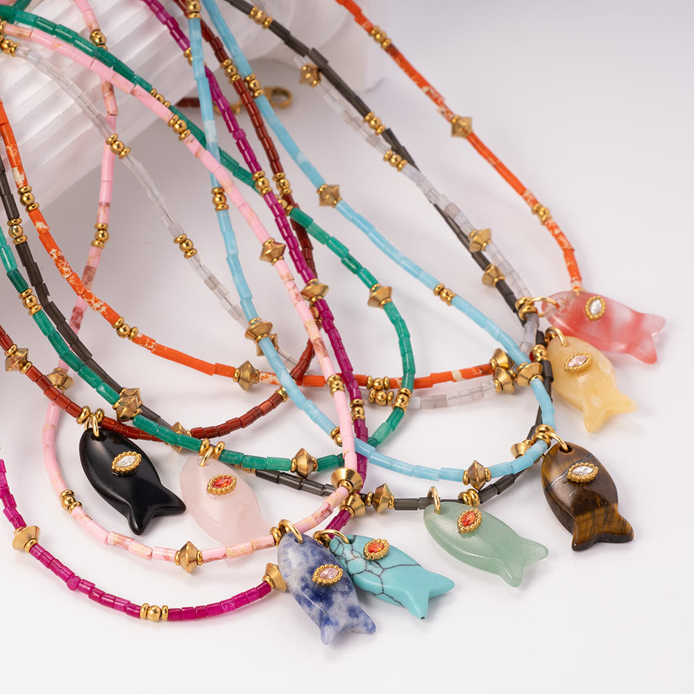 Olivenorma Natural Stone Beads Fish Carving Pendant Necklace
