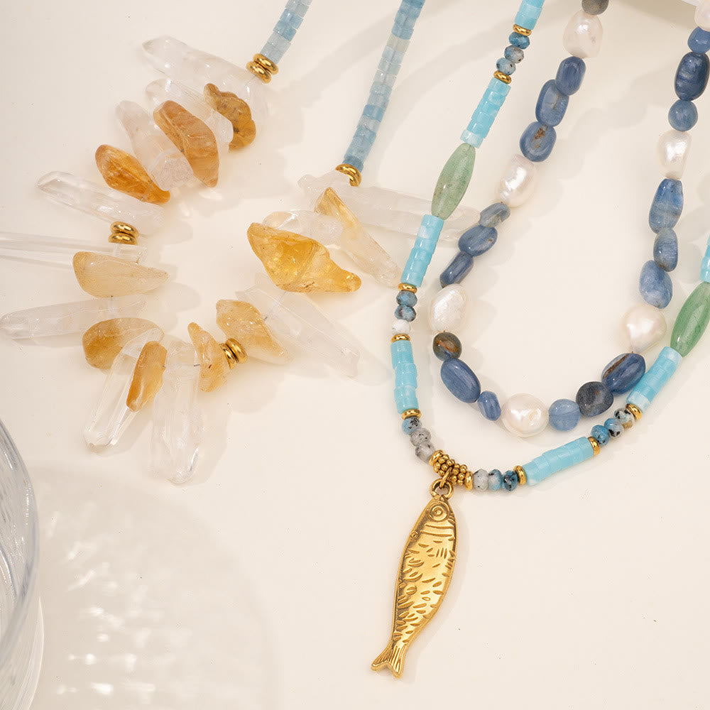 Olivenorma Crystal Beads Stainless Steel Fish Pendant Necklace