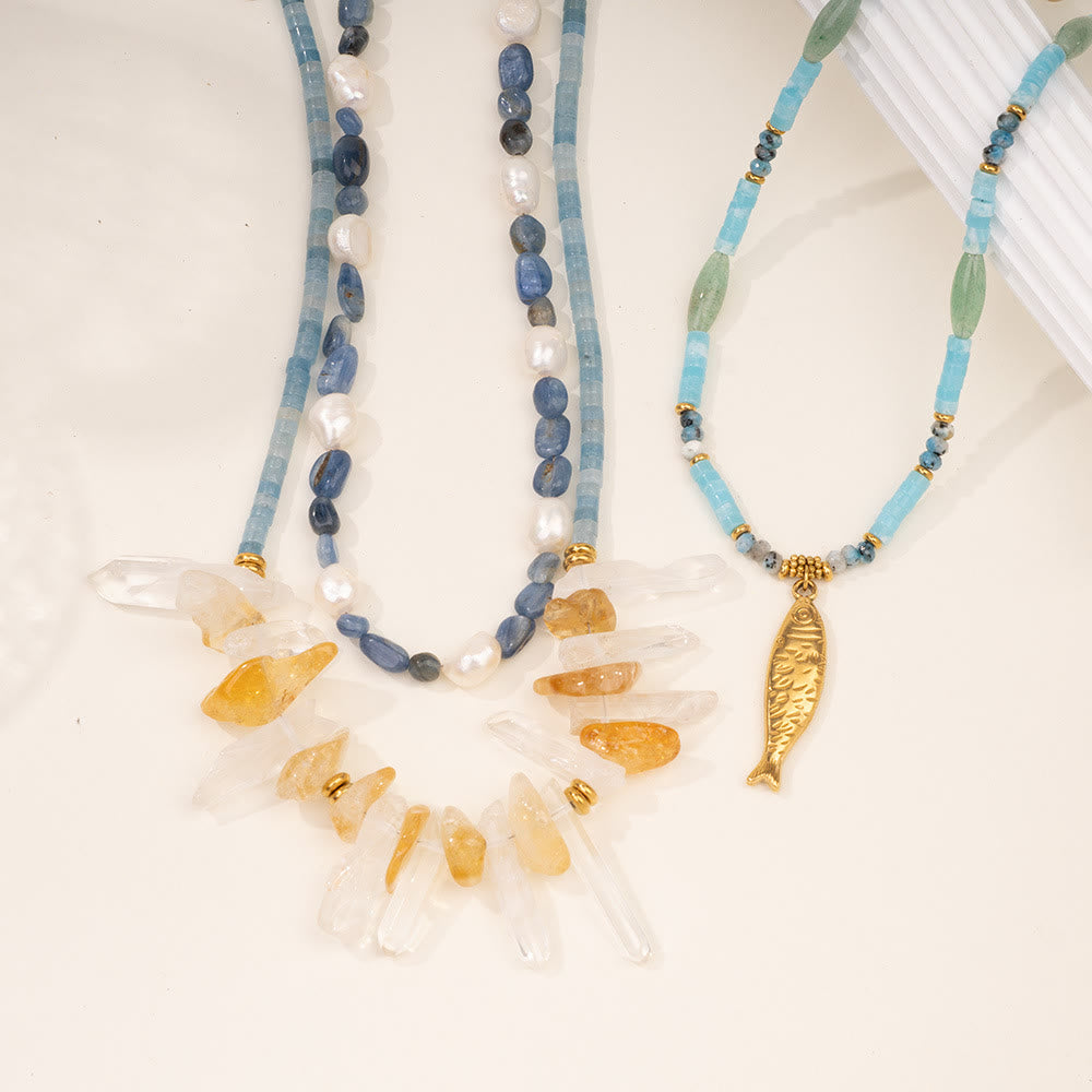 Olivenorma Crystal Beads Stainless Steel Fish Pendant Necklace