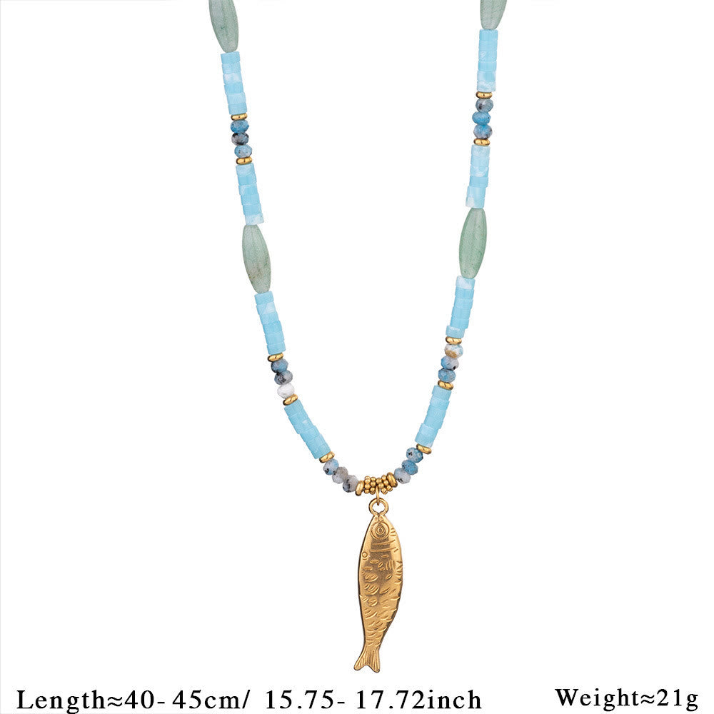 Olivenorma Crystal Beads Stainless Steel Fish Pendant Necklace