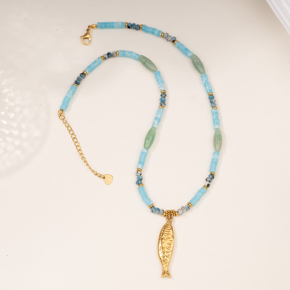 Olivenorma Crystal Beads Stainless Steel Fish Pendant Necklace